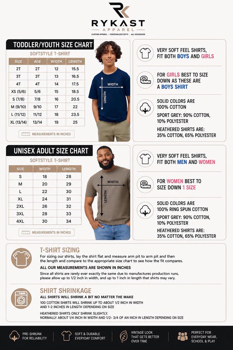 The image is a detailed size chart for Rykast Apparel, providing measurements and size information for both toddler/youth and adult shirts.