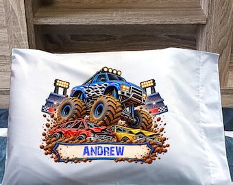 Monster Truck Pillowcase Personalized Name Boy Birthday Gift Kids 4x4 Pillow Case Cover