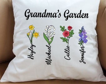 Grandma's Garden Custom Birth Month Flowers Throw Pillow - Personalized Mothers Day Gift for Nana Grandma - Childrens Names