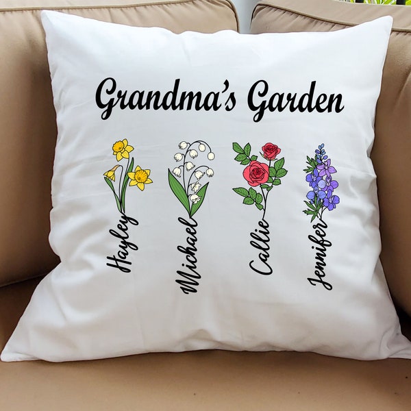 Grandma's Garden Custom Birth Month Flowers Throw Pillow - Personalized Mothers Day Gift for Nana Grandma - Childrens Names