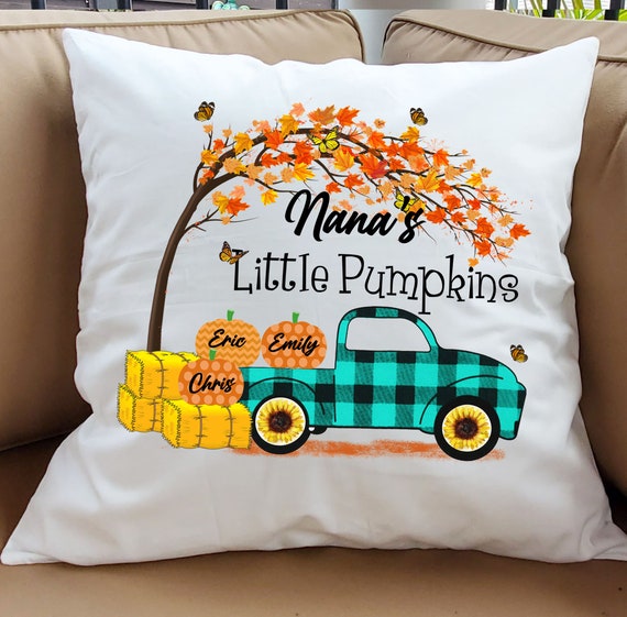 Personalized Nana's Little Pumpkins Throw Pillow: Vintage Truck Fall Decor