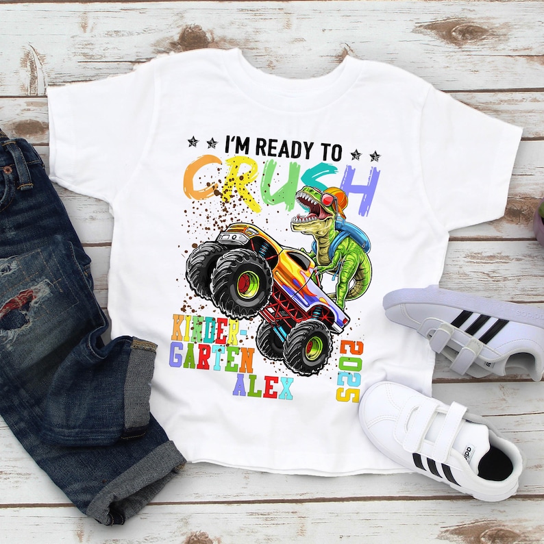 Kindergarten Monster Truck Dinosaur Shirt - First Day School T-Shirt 画像 3