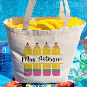 Sac fourre-tout pour professeur - Sac fourre-tout personnalisé pour professeur de crayon - Ouvert ou zippé 4 styles - Toile de coton 100 % épaisse de couleur naturelle