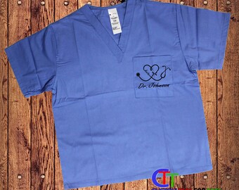 Personalized Doctor Scrubs - Custom Scrub Tops With Stethoscope Image and Name - Dr. Clothing - Gift for doctors