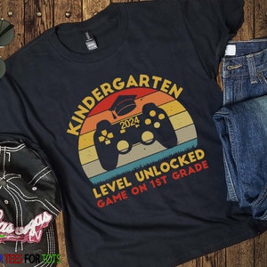 2024 Kindergarten Graduation T-shirt - Video Game Level Unlocked - Custom Year - Kids Kindergarten to Grade 1 Grad Tee