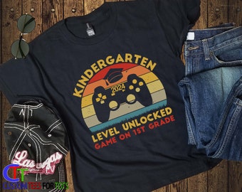 2024 Kindergarten Graduation T-shirt - Video Game Level Unlocked - Custom Year - Kids Kindergarten to Grade 1 Grad Tee