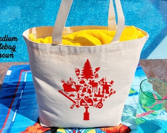 May include: A white canvas tote bag with a red maple leaf design. The maple leaf is filled with various red icons, including a beaver, a moose, a hockey stick, and a maple leaf. The text "Medium totebag shown" is visible in the top left corner of the image.