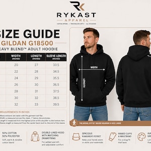 a man wearing a black hoodie with a size guide