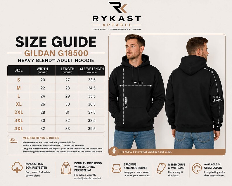 a man wearing a black hoodie with a size guide