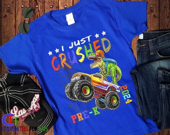 Pre-K Graduation Shirt - Kids Dinosaur Monster Truck Pre-School T-shirt - Personalized 2024 Grad Boys Custom Name Year