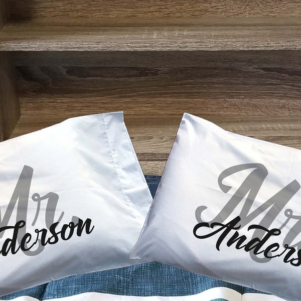 Mr & Mrs Pillowcases - Personalized Wedding His and Her Pillowcase - Custom Newlywed, Engagement Gift for Bride Groom