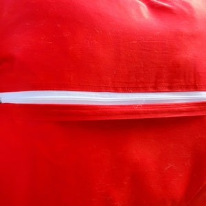 May include: A red pillow with a white zipper. The zipper is closed and the pillow is lying flat.