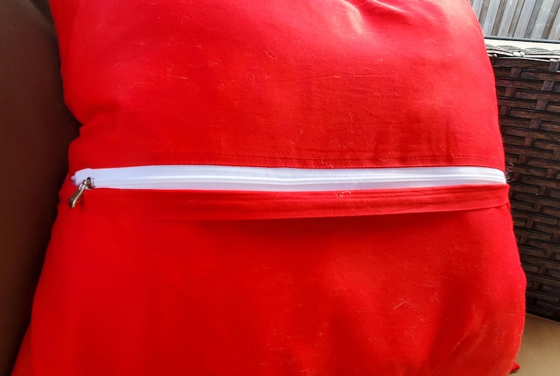 May include: A red pillow with a white zipper. The zipper is closed and the pillow is lying flat.
