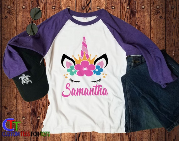 Flower Unicorn Raglan for Girls Personalized Cute and Customizable Shirt  With Crown Design Kids Unicorn Shirt for a Magical Look -  Singapore