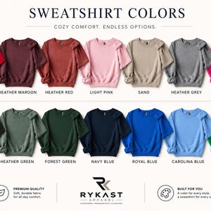 a collection of various colored sweatshirts, each with different colors and patterns, arranged in a grid format.