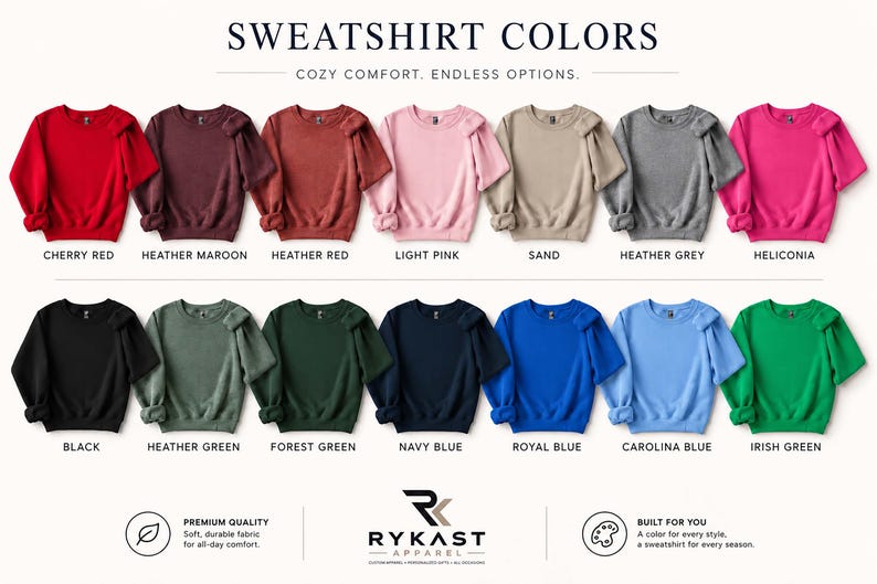 a collection of various colored sweatshirts, each with different colors and patterns, arranged in a grid format.