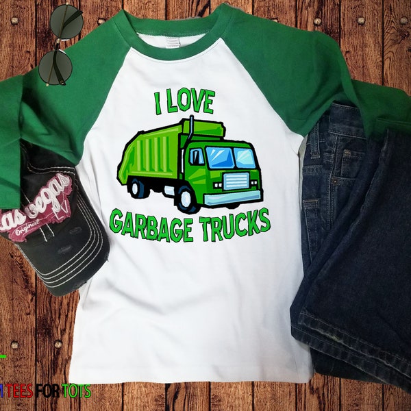 I Love Garbage Trucks Tee - Raglan Garbage Man Shirt - Trash Truck Lover Shirt