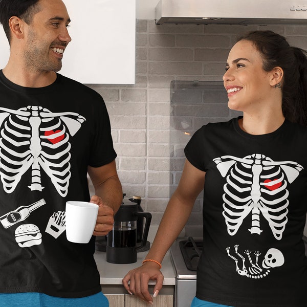 Skeleton Matching Halloween shirts - Xray Ribcage Pregnant Mom and Dad Kids funny Pregnancy announcement shirt - Non maternity style tees