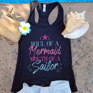 Cruise Shirts Ladies Racerback Tank Top - Soul Of A Mermaid Mouth Of A Sailor - Funny Womens Vacation Shirts