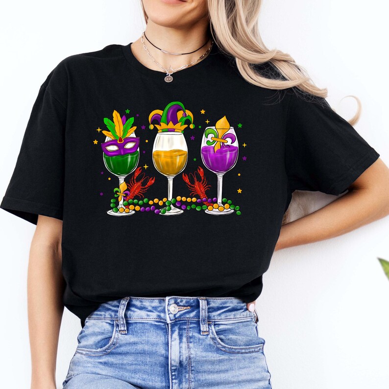 Mardi Gras Wine T-Shirt: Carnival Party Tee, Beads & Bling image 2