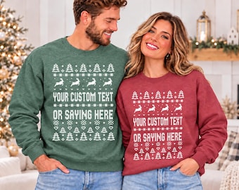Custom Ugly Christmas Sweatshirt Personalized Text Hoodie Reindeer Trees Fleece Sweater Apparel