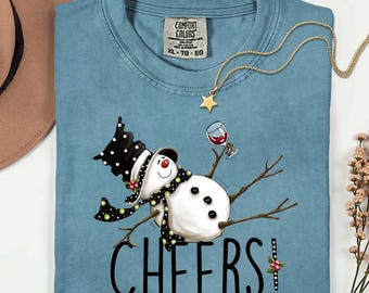 Comfort Colors® Christmas Shirt : Wine Drinking Snowman - Holiday Spirit Cheers T-shirt