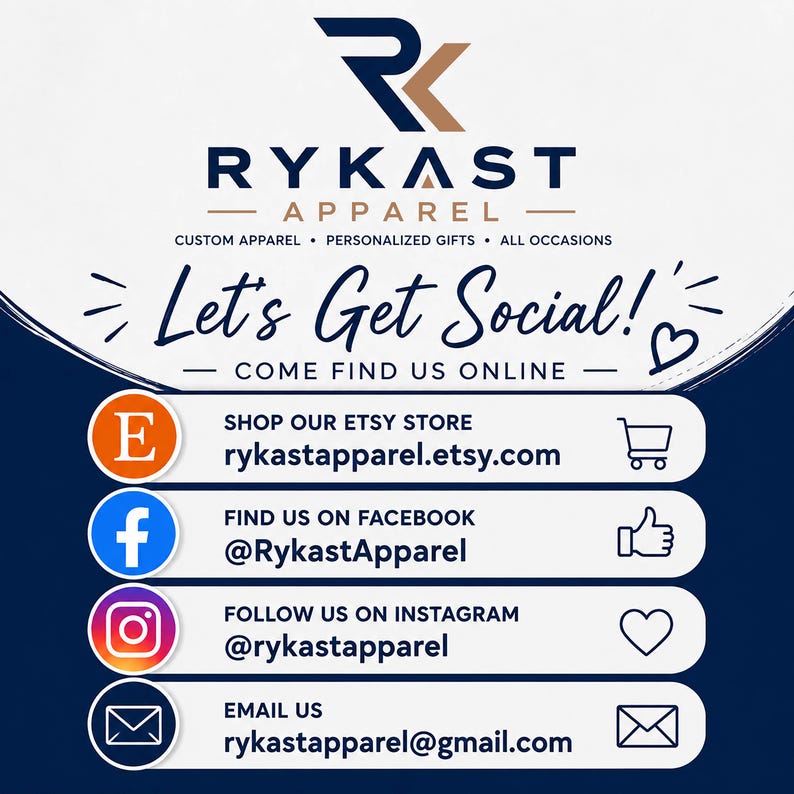 The image is an advertisement for Rykast Apparel, a company that offers custom apparel, personalized gifts, and all occasions. The ad features a variety of social media icons for Facebook, Instagram, and Twitter, along with a heart symbol, indicating that the company encourages social interaction and engagement. The ad also provides contact information for the company, including an email address and a phone number, to reach out for inquiries or purchases.