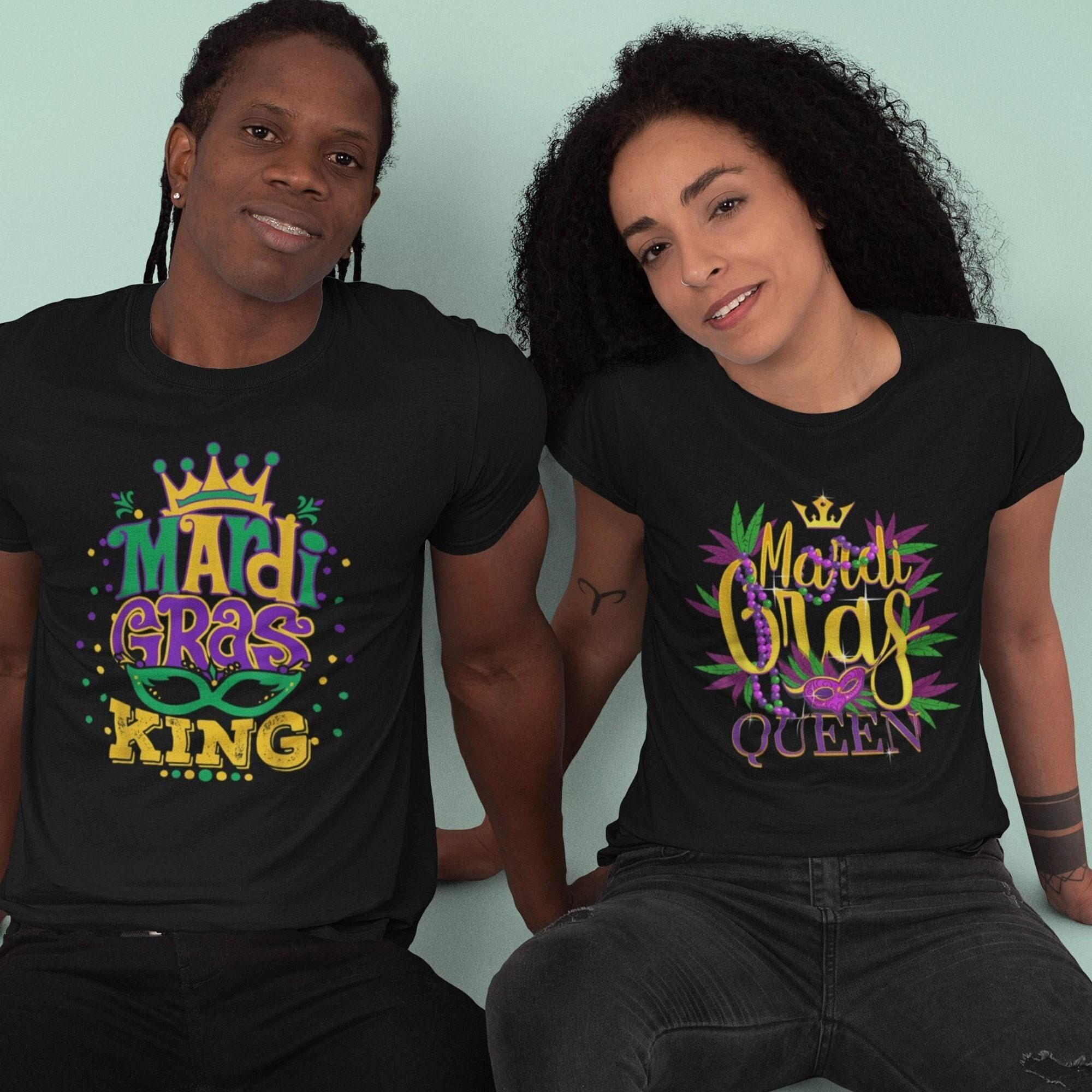 Mardi Gras King and Queen Matching T-Shirts for Carnival Parade Party - Mens and Womens Shirts - His and Hers Tshirts