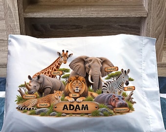 Safari Pillowcase Personalized Name Boy Birthday Gift Kids Jungle Animal Pillow Case Cover