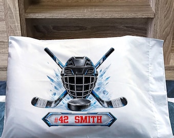 Custom Name Hockey Pillowcase Personalized Sports Graphic Kids Ice Player Room Gift Cover