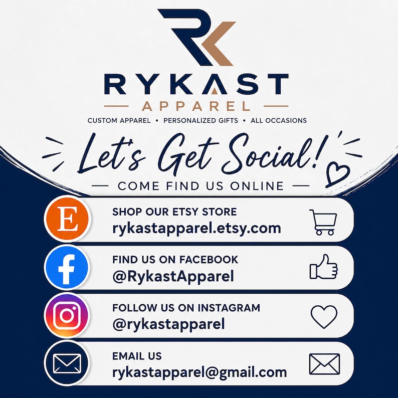 The image is an advertisement for Rykast Apparel, a company that offers custom apparel, personalized gifts, and all occasions. The ad features a variety of social media icons for Facebook, Instagram, and Twitter, along with a heart symbol, indicating that the company encourages social interaction and engagement. The ad also provides contact information for the company, including an email address and a phone number, to reach out for inquiries or purchases.