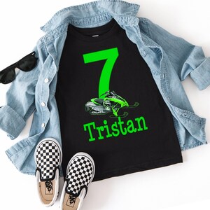 Custom Snowmobile Birthday Shirt for Kids - Personalized Green Sled Party Tee - Boys & Girls image 1