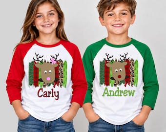 Personalized Christmas Raglan, Reindeer Custom Kids Shirt | Cotton Tee | Toddler-Youth Sizes