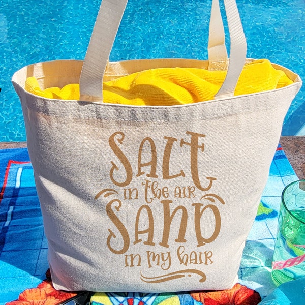 Summer Tote Bag - Salt in the Air Sand in my Hair totebag - Open top or zippered 4 styles - Natural colored 100% heavy canvas cotton