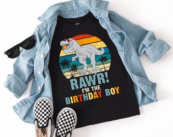 Retro Dinosaur Birthday Boy Shirt Rawr Dino Custom Name Tee