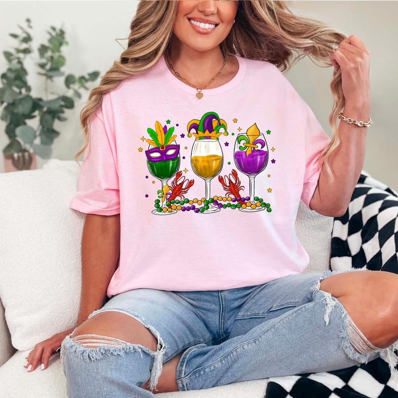 Mardi Gras Wine T-Shirt: Carnival Party Tee, Beads & Bling image 7