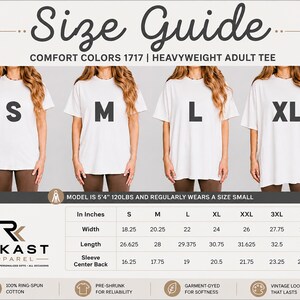 The image is a size guide for a comfortable colors 1717 heavyweight adult tee. It shows four different sizes of the t-shirt, ranging from S to XL, with corresponding measurements and descriptions.