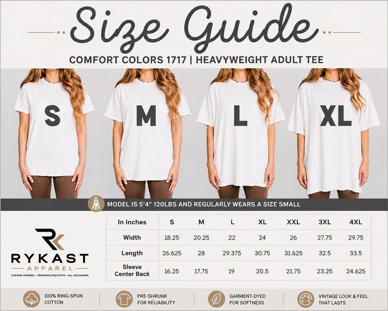 The image is a size guide for a comfortable colors 1717 heavyweight adult tee. It shows four different sizes of the t-shirt, ranging from S to XL, with corresponding measurements and descriptions.