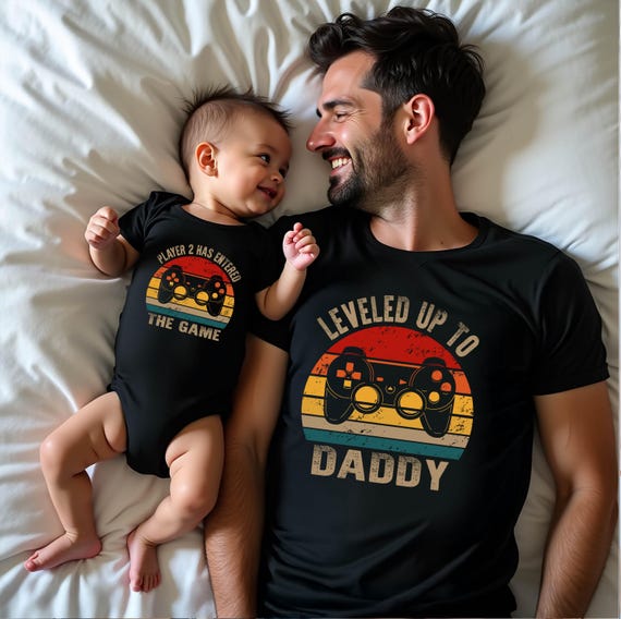 Custom Leveled Up Daddy Shirt - Player 2 Entered The Game Baby Gamer 1st Fathers Day