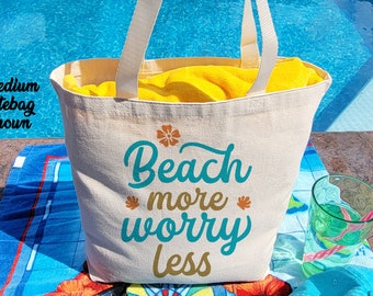 Summer Beach Bag - Beach More Worry Less totebag - Open top or zippered 4 Different styles-Natural colored totebags 100% heavy canvas cotton