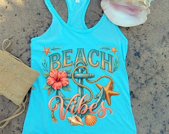 Beach Vibes Racerback Tank Top - Women's Cruise Vacation Anchor Shirt