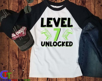 Video Game Birthday Raglan - Kids Gamer Bday 3/4 sleeve - Level Unlocked Boys Game Controller T-Shirt