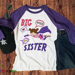 Super Hero Big Sister Raglan - Personalized flying girl Super Power Hero with name - Family announcement outfit for sibling -3/4 long sleeve