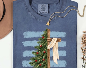 Christian Christmas Cross Shirt Religious Pine Tree Holiday Faith Comfort Colors Tee