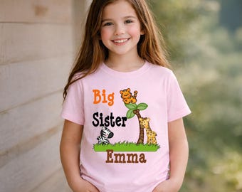Custom Jungle Big Sister Shirt Personalized Safari Zoo Animal Pregnancy Announcement Girl Tee