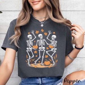 Dancing Skeletons Halloween Shirt: Spooky Fall Floral Pumpkin Comfort Colors®  Tee