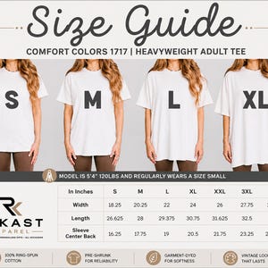 The image is a size guide for a comfortable colors 1717 heavyweight adult tee. It shows four different sizes of the t-shirt, ranging from S to XL, with corresponding measurements and descriptions.