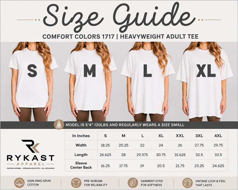 The image is a size guide for a comfortable colors 1717 heavyweight adult tee. It shows four different sizes of the t-shirt, ranging from S to XL, with corresponding measurements and descriptions.