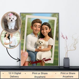 Custom Cartoon-Style Digital Portrait of Couple with Puppy, Personalized Polaroid Frame Artwork, Unique Gift for Engagement or Anniversary