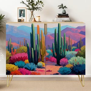 Colorful Sonoran Desert Storage Cabinet, Bold Cactus Art Accent Cabinet for Boho & Southwest Decor